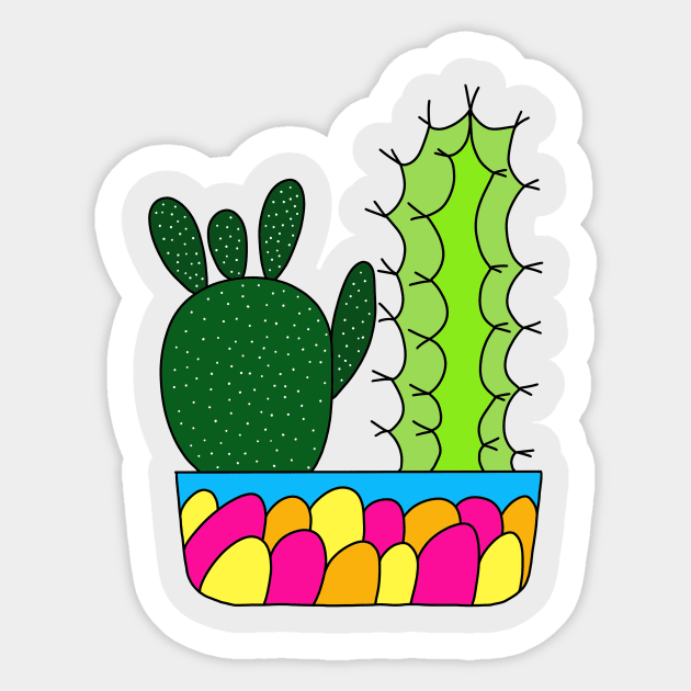 Cute Cactus Design #91: 2 Cacti Types In A Colorful Pot Sticker by DreamCactus